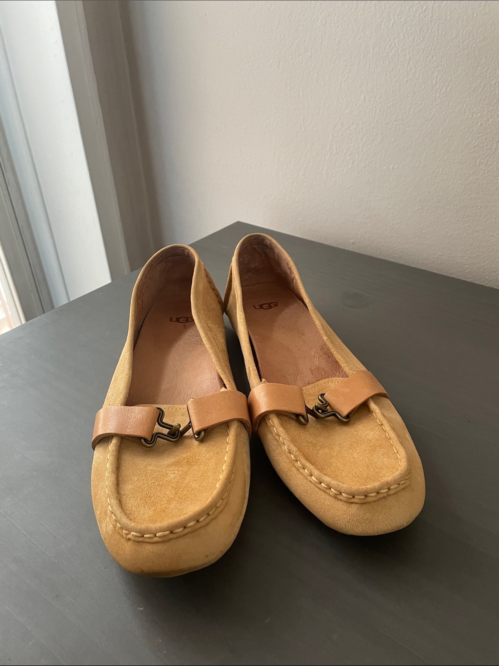 UGG Tan Suede Slip-On Loafers with Leather Strap - Picture 3 of 9